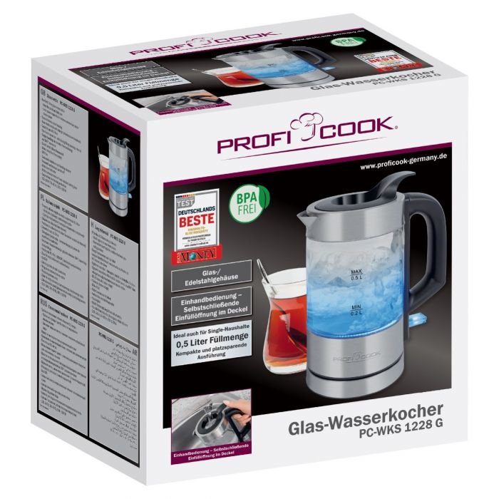 Hervidor De Vidrio Proficook Pc-Wks 1228 G, Hervidor De Acero Inoxidable/Negro, 0,5 Litros 501228