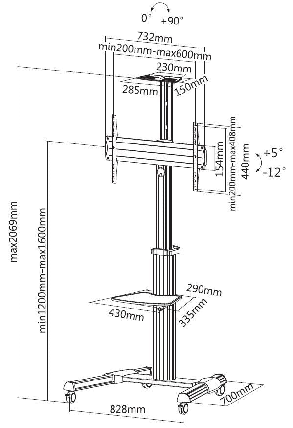 Soporte Pantalla De Suelo Con Ruedas Equip Para Pantalla De 37 - 70 Fijo Rotacion 90º De Aluminio Max. Vesa 600x400 Hasta 50kg