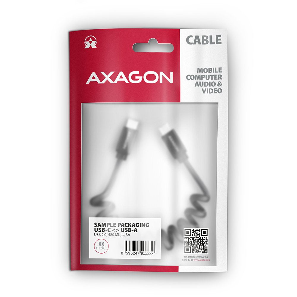 Axagon Hcm-Am20tb Spiralcable, Usb-C Zu Usb-C, 1 M, Usb 2.0, 2.4 A, Alu, Pvc - Negro