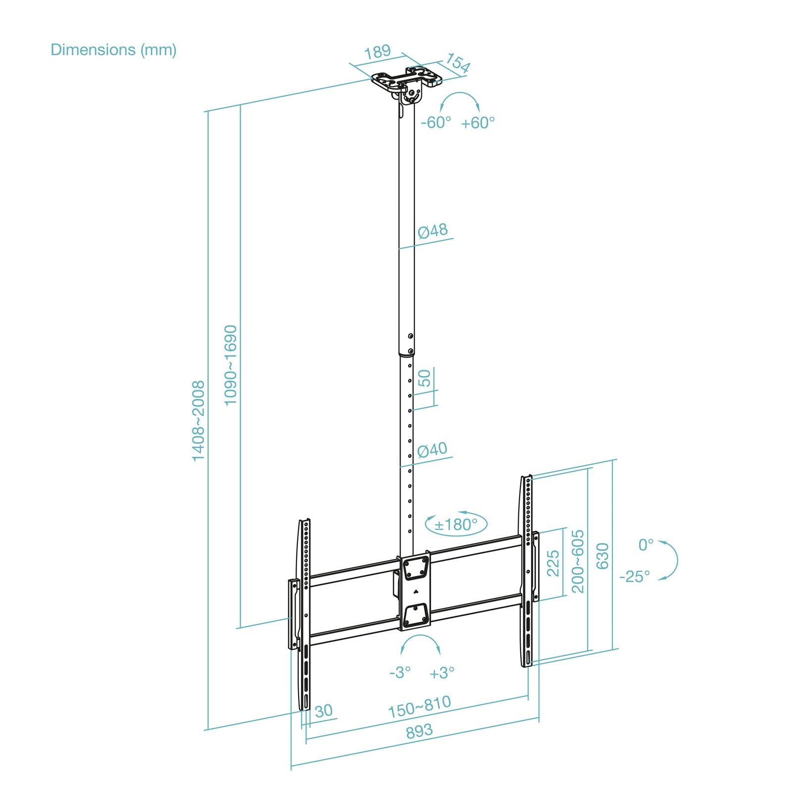 Soporte Techo Pant. 50-100" Gira/Incli/Exten Negro
