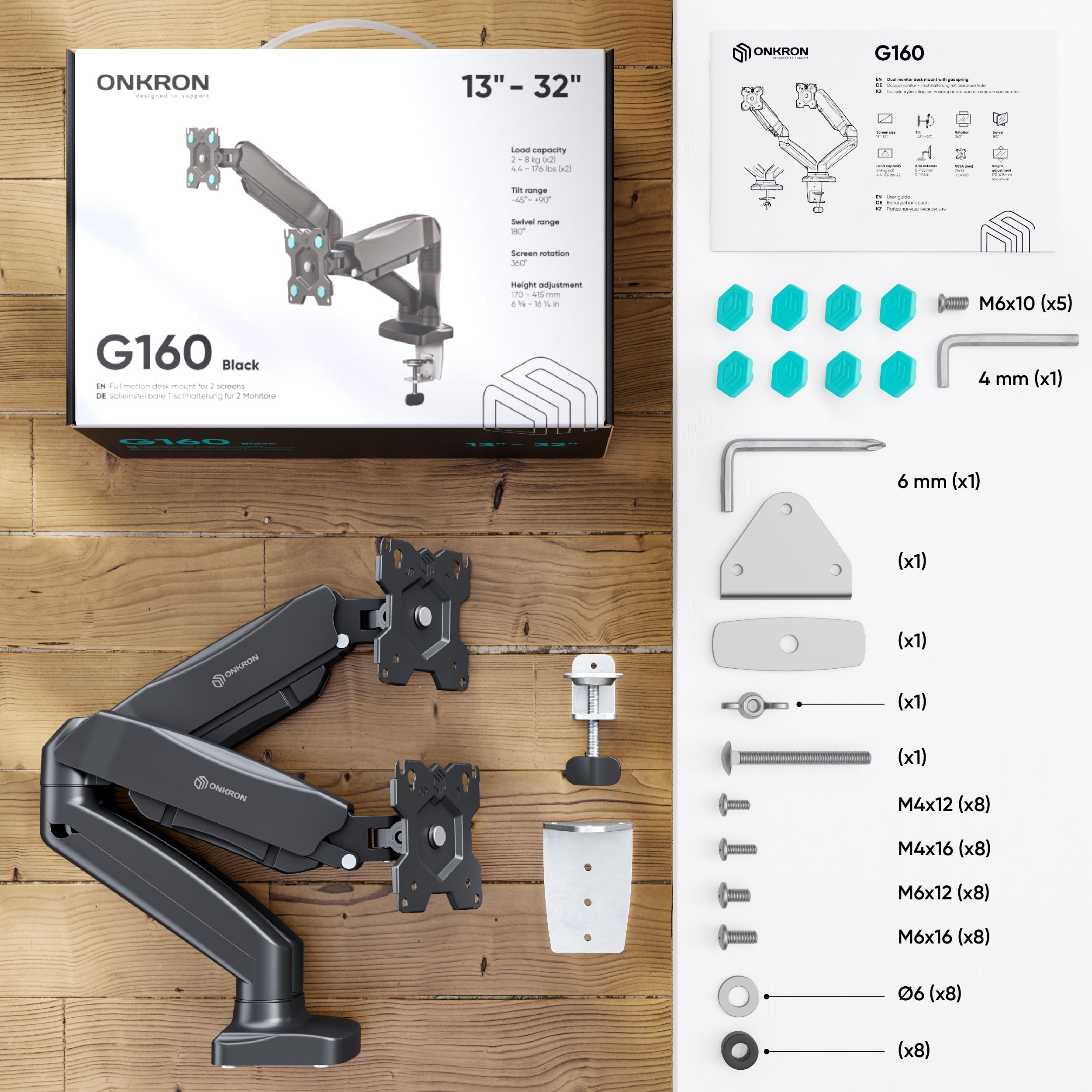 Onkron G160-B Soporte Para Monitor 81,3 Cm (32") Escritorio Negro