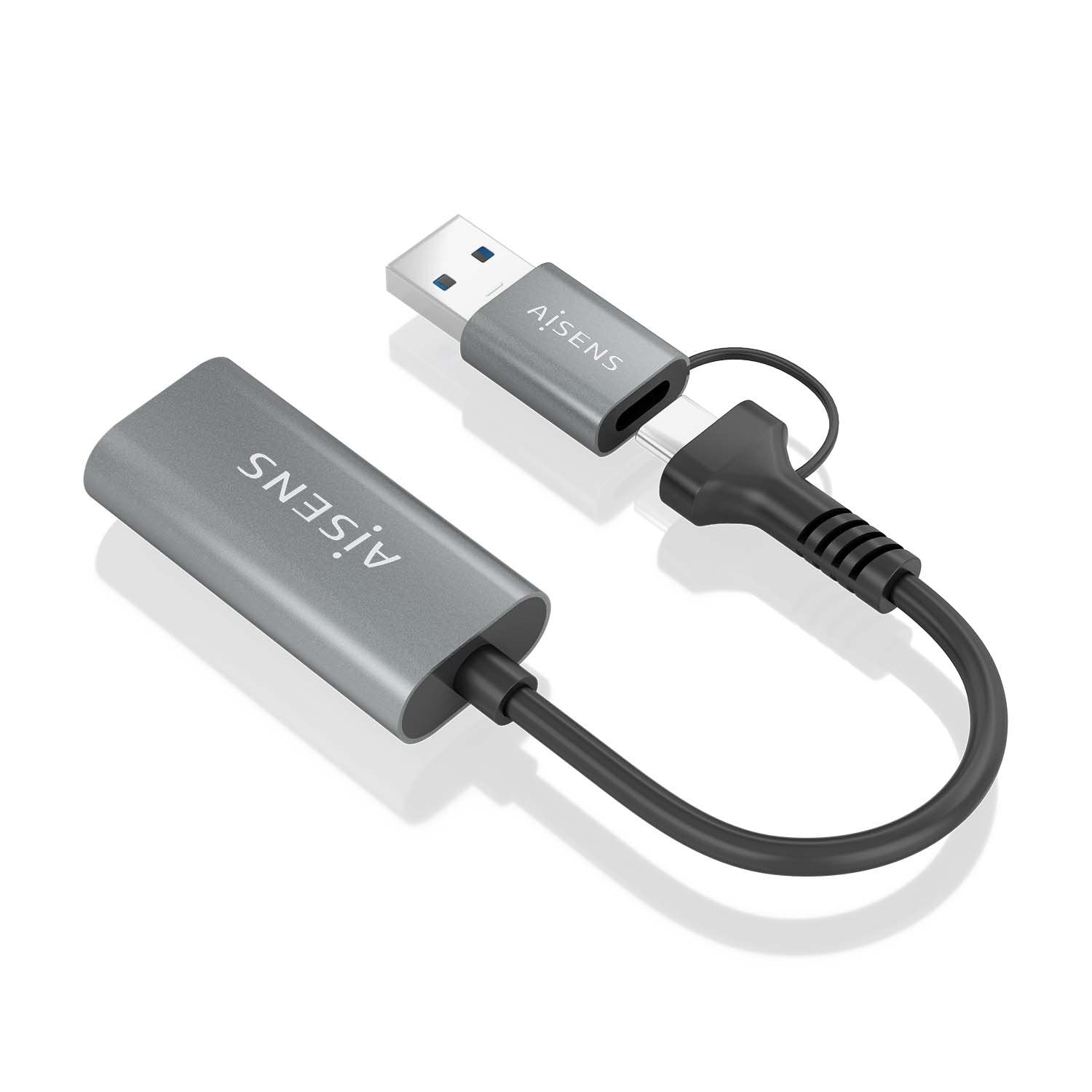 Aisens Conversor Aluminio Usb-A+Usb-C A Hdmi 1080p@60hz, Usb-A/M+Usb-C/M-Hdmi/H, Gris, 15cm