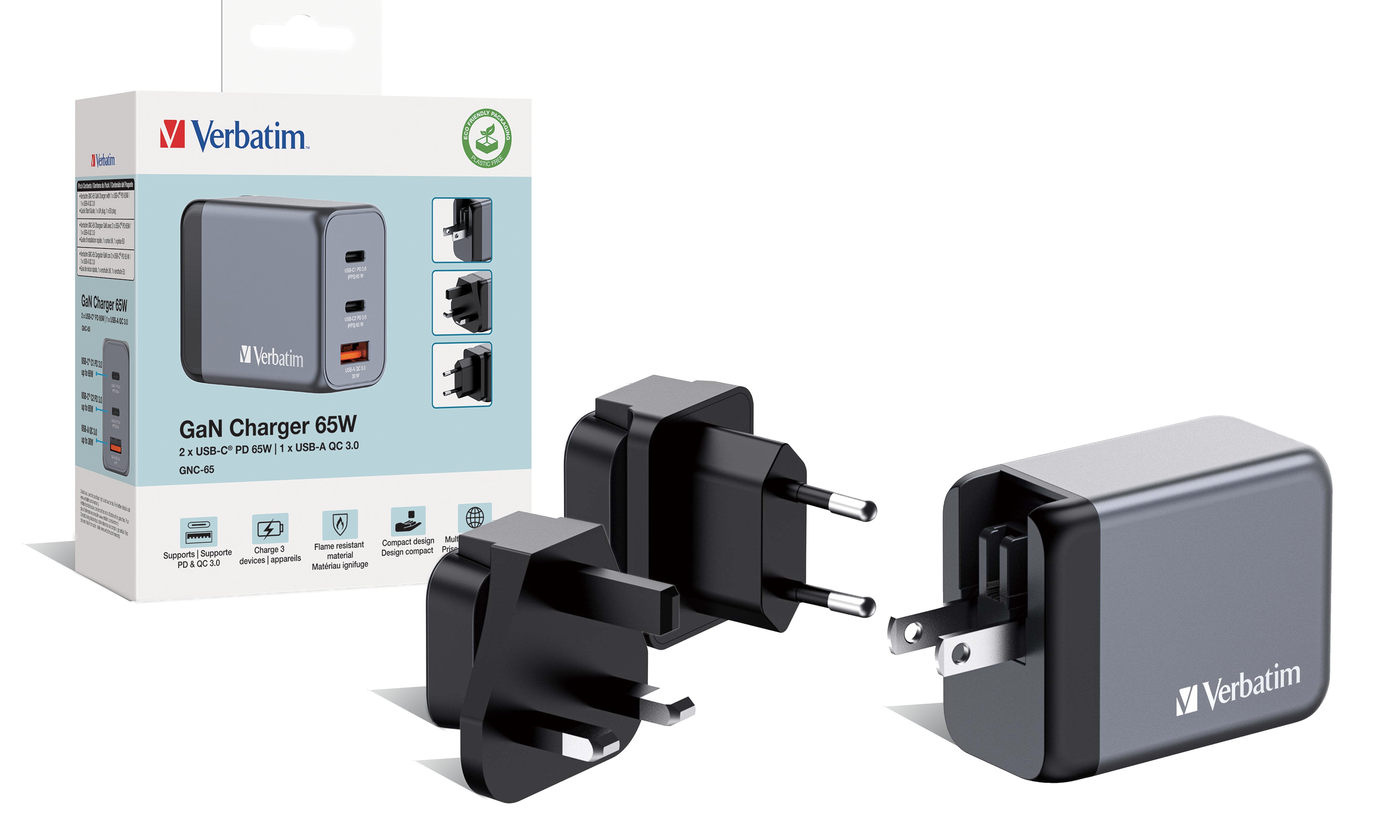 Cargador De Pared Universal Verbatim Gnc-65 2xusb Tipo-C 1xusb 65w