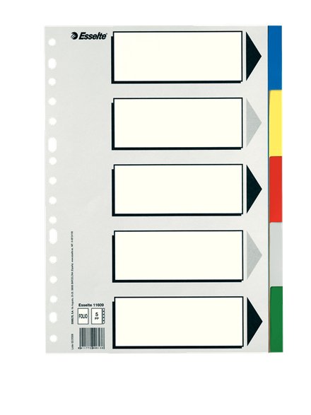 Esselte 5 Separadores Multitaladro Polipropileno Folio Colores Con Carátula Índice Cartón Blanco / Negro