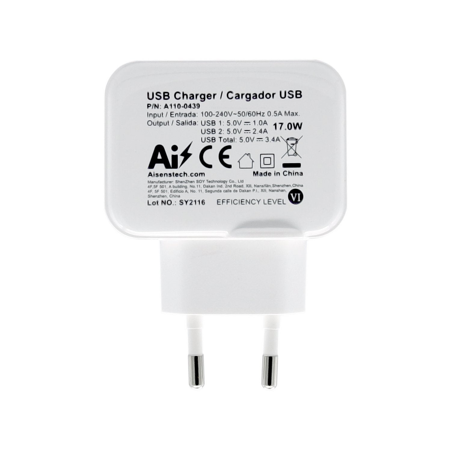 Aisens Cargador Usb 17w 5v/3.4a - 2xusb Con Control Ai - Blanco