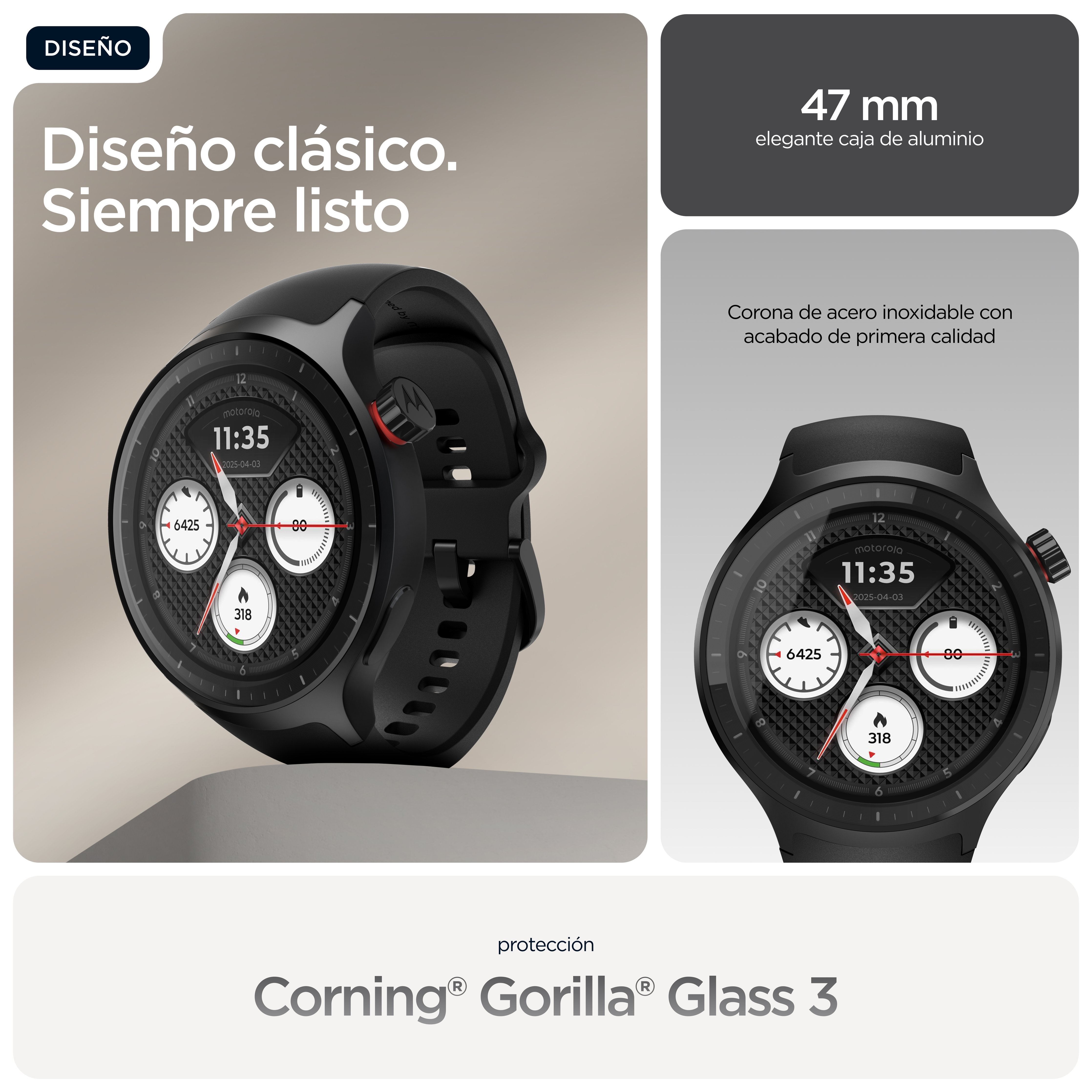 Motorola Moto Watch Negro Mate Reloj Inteligente Con Banda Silicona Pantone Volcanic Ash Pantalla Luminosa 1.4" 4 Gb Bluetooth 40 G