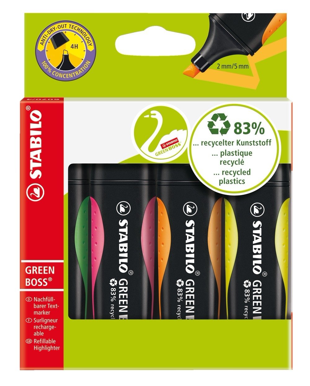 Stabilo Green Boss Marcador 4 Pieza(S) Punta De Cincel Verde, Naranja, Rosa, Amarillo