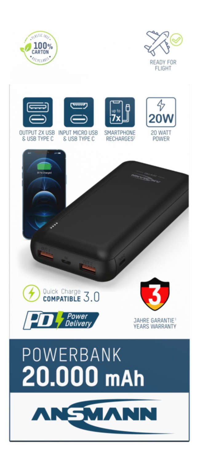 Bateria Ansmann Powerbank 20000 Mah 20w 2 Usb-A Ports, Usb-C Port