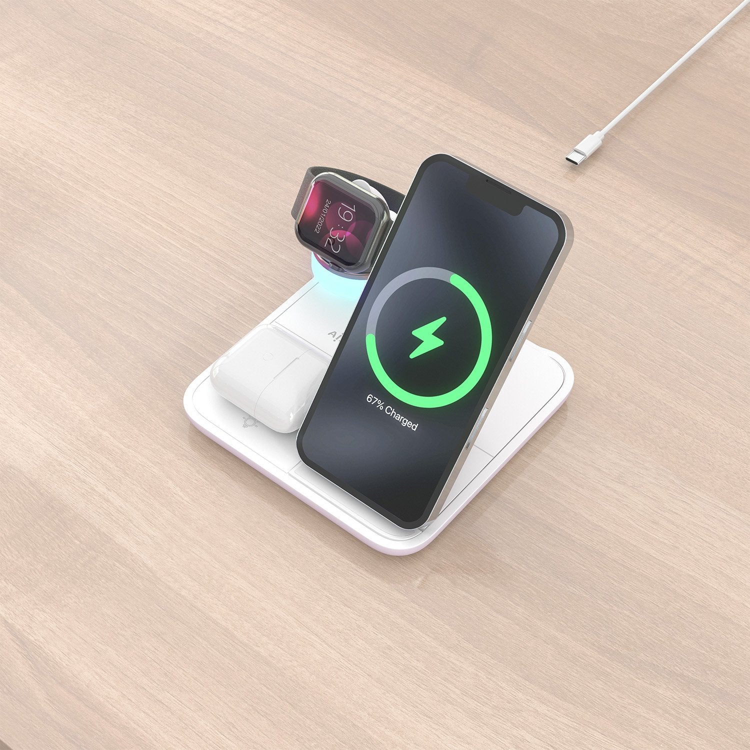 Aisens Cargador Inalambrico Usb-C 4 En 1 De 15w Para Movil, Apple Watch, Auriculares Con Estuche De Carga, Blanco