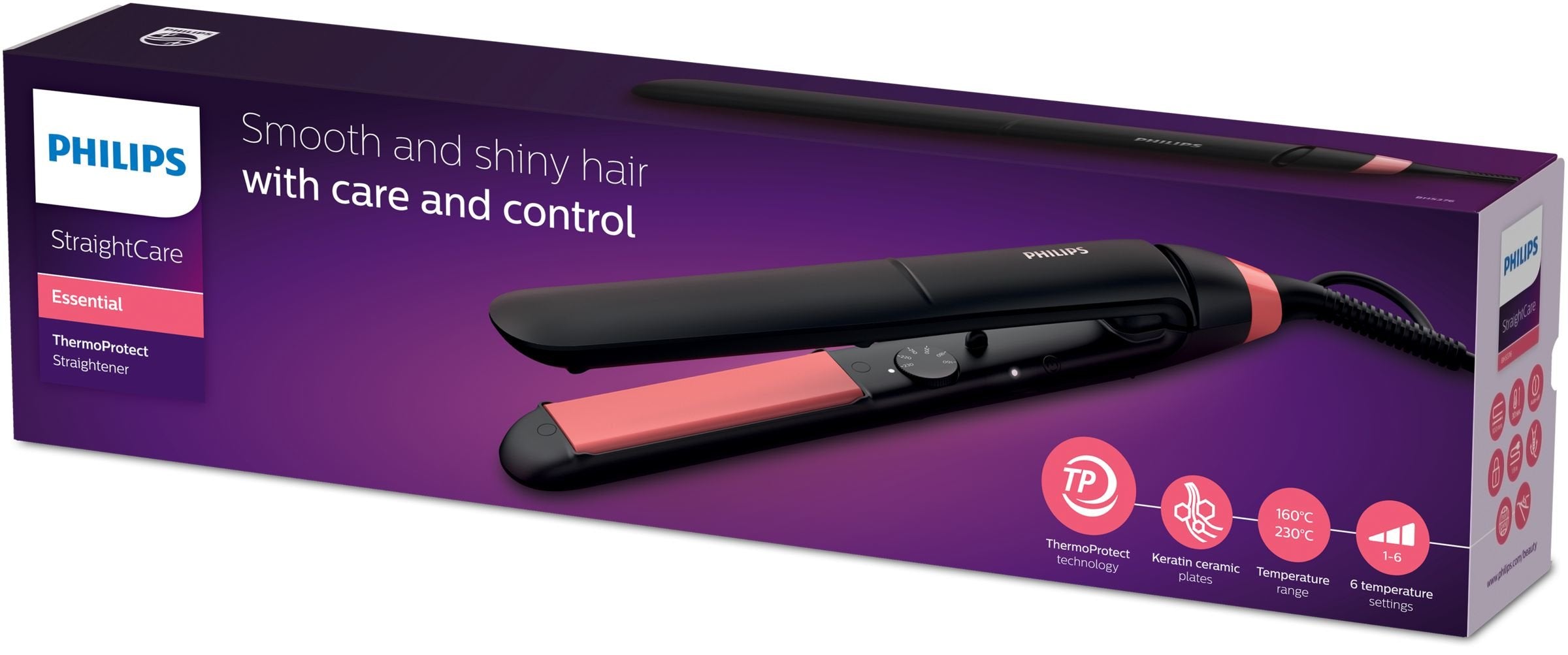 EAN 8710103888413 - Philips Essential BHS376/00 Utensilio de peinado Cepillo alisador Caliente Negro, Rosa 1,8 m imagen 2