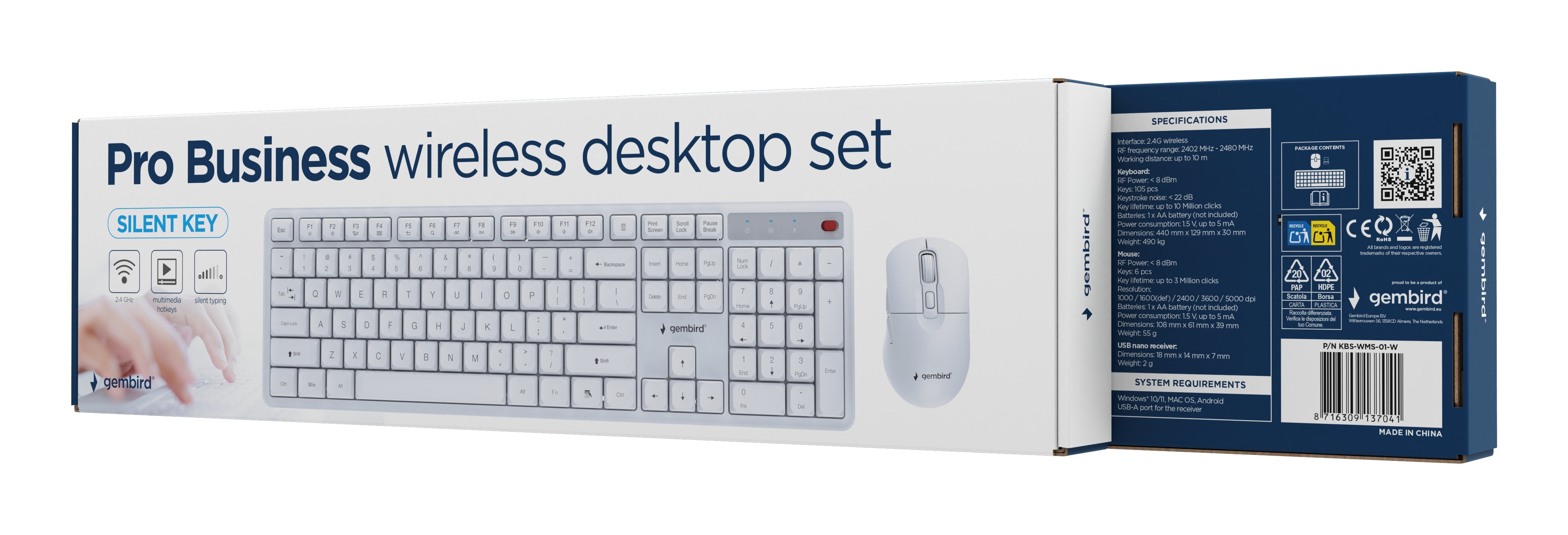 Keyboard +Mouse Wrl Eng/White Kbs-Wms-01-W Gembird