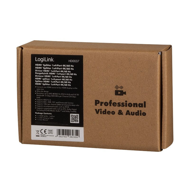 Divisor Hdmi Logilink 1x4 Puerto, 4k / 60hz, Downscaler, Negro.