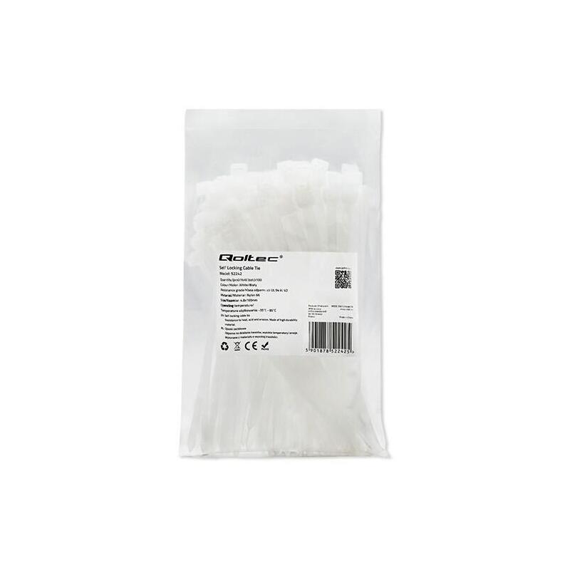 100 Bridas Qoltec 52242 Self-Locking 4.8x160mm Nylon Uv White