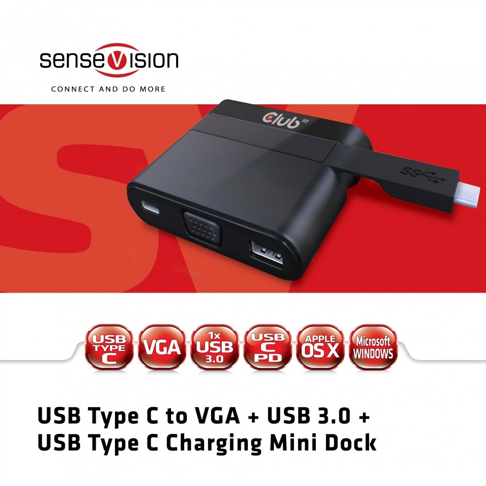 Club3d Usb Tipo-C A Vga + Usb 3.0 + Usb Tipe-C Cargar Mini Dock