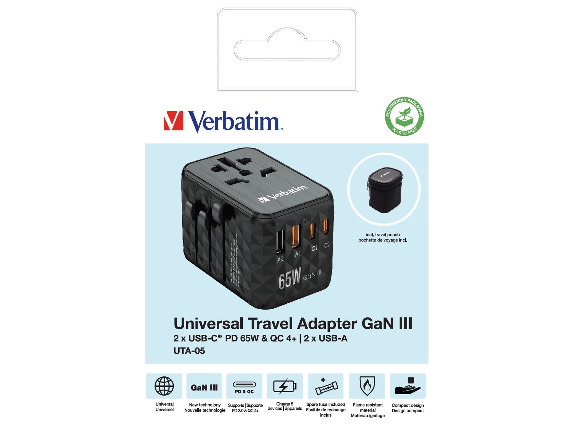 Cargador De Pared Universal Verbatim Uta-05 Gan Iii Toma De Corriente Universal 2xusb Tipo-C 2xusb 65w