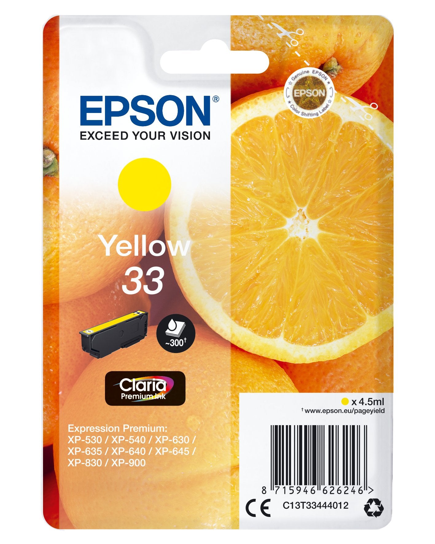 EAN 8715946626253 - Epson Oranges C13T33444022 cartucho de tinta 1 pieza(s) Original Amarillo imagen 1