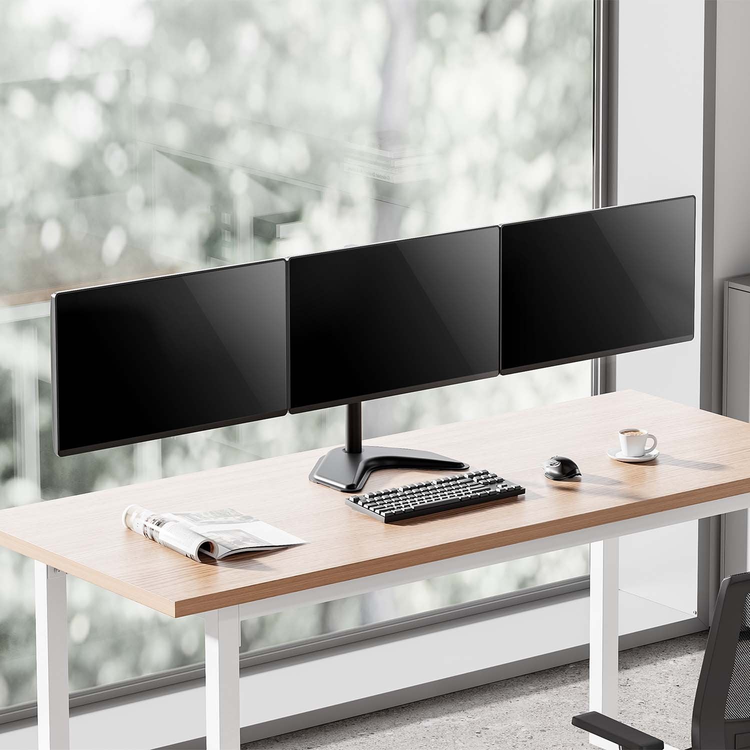 Aisens Soporte De Mesa Con Peana Eco Giratorio E Inclinable Para 3 Monitores 10kg (3 Pivotes, 2 Brazos) De 13-27, Negro