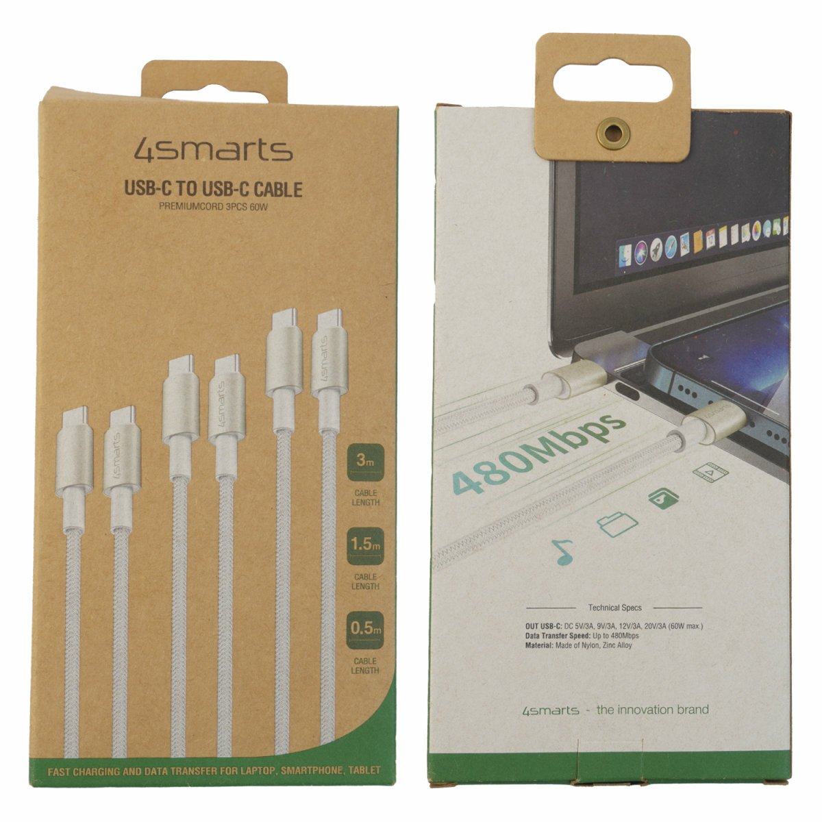 Cable 4smarts Usb-C Auf Usb-C Premiumcord 60w 3er Set 0,5m+1,5m+3m Blanco / Plata