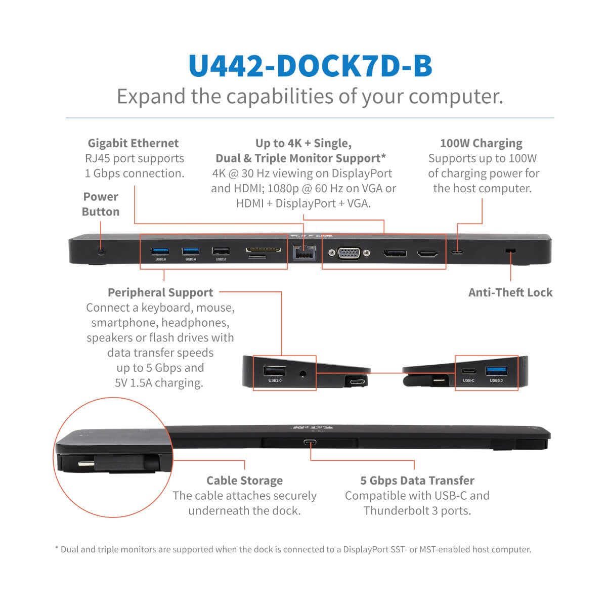 Tripp Lite U442-Dock7d-B Estación De Conexión Usb C, Pantalla Triple - 4k Hdmi Y Dp, Vga, Usb 3.2 Gen 1, Hub Usb A Y Usb C, Gbe, Carga Pd De 100w, Negro