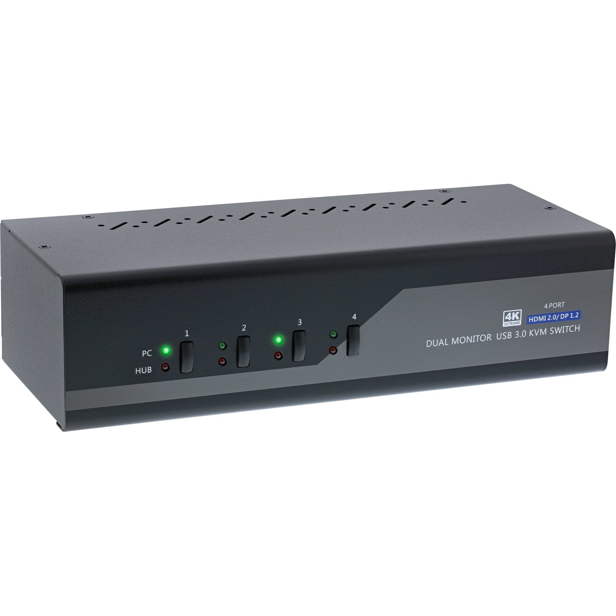 Switch Kvm Inline, 4 Puertos, Monitor Doble, Dp 1.2+Hdmi 2.0, 4k, Usb 3.0, Audio