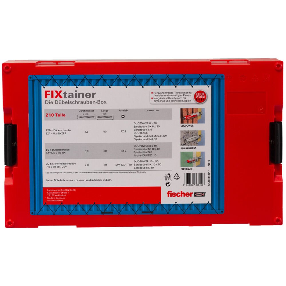 Fischer Tornillos De Espiga Fixtainer, 210 Piezas 553347