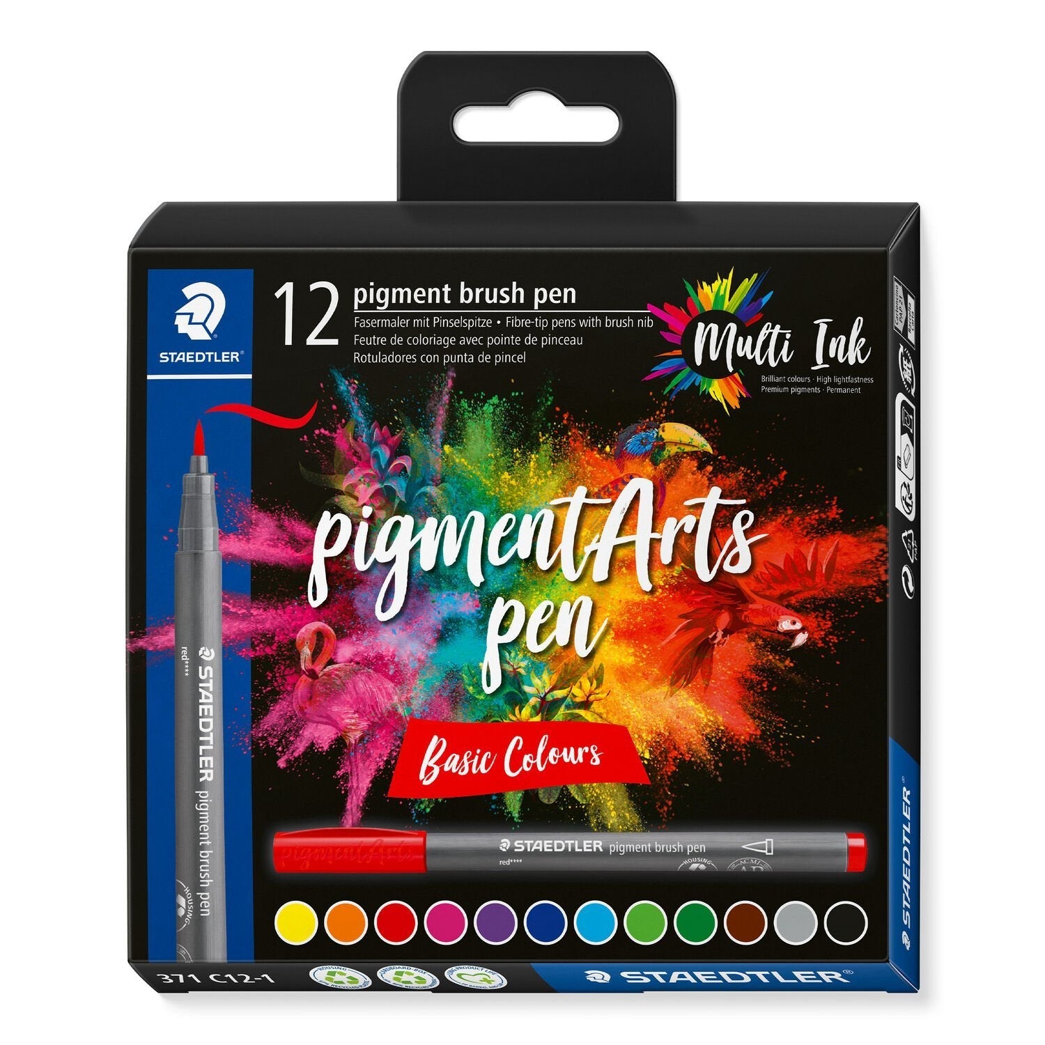 Staedtler 371 Pack De 12 Rotuladores Punta De Pincel Suave - Nueva Tinta Multi Ink - Pigmentos De Primera Calidad - Colores Surtidos