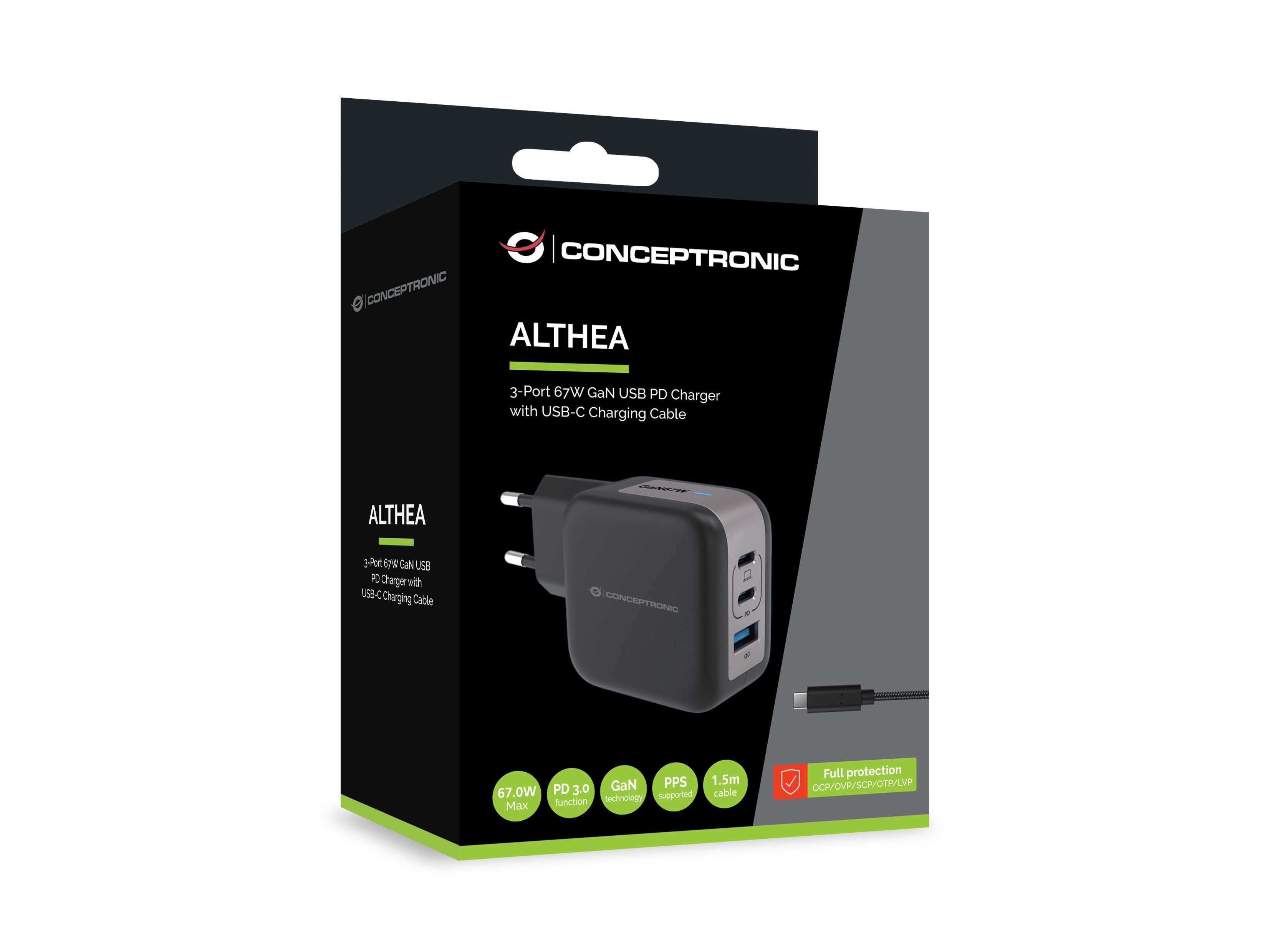 Conceptronic Cargador 3port 67w,2xusb-C,1xusb-A 1.5m Sw