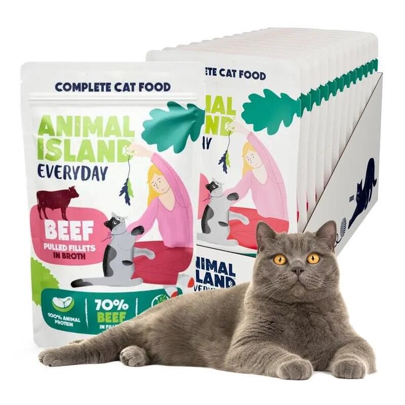 12 Sobres X 85g Animal Island Everyday Beef Fillets In Broth - Wet Cat Food - 12 X 85g