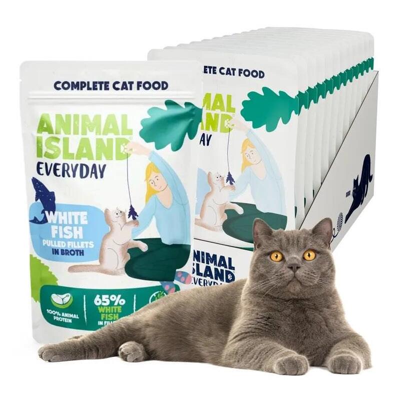 12 Sobres X 85g Animal Island Everyday White Fish Fillets In Broth - Wet Cat Food - 12 X 85g
