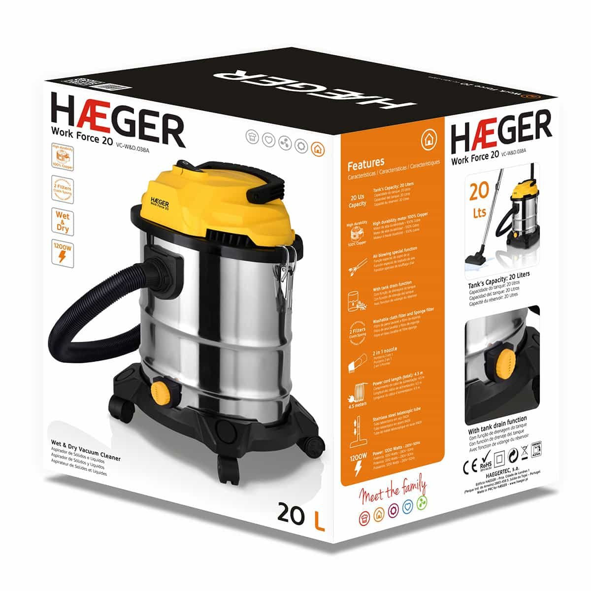 EAN 5608475014536 - Haeger VC-W&D.038A aspiradora 20 L Aspiradora de tambor Seca y húmeda 1200 W imagen 5