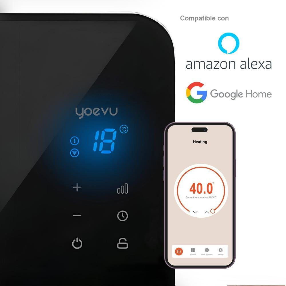 Yoevu Radiador Eléctrico Bajo Consumo 2000w Programable Control Móvil App Y Wifi Termostato Regulable Soporte Con Ruedas Resistencia Ip24 Protección Sobrecalentamiento Cristal Negro