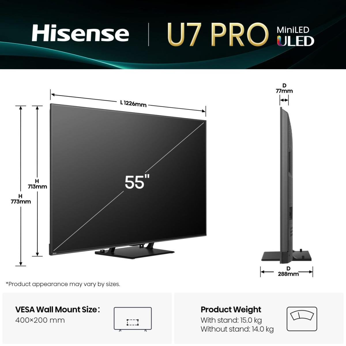 Hisense 55u7q Pro - 139 Cm (55") Clase Diagonal U7q Pro Series Lcd-Tv Con Led-Retroiluminación - Uled Mini Led - Smart Tv - Vidaa - 4k Uhd (2160p)