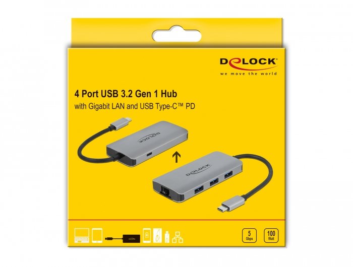 Delock Usb 3.2 Gen 1 Hub Con 4 Puertos Y Lan Y Pd Gigabit, Estación De Acoplamiento Gray 63252