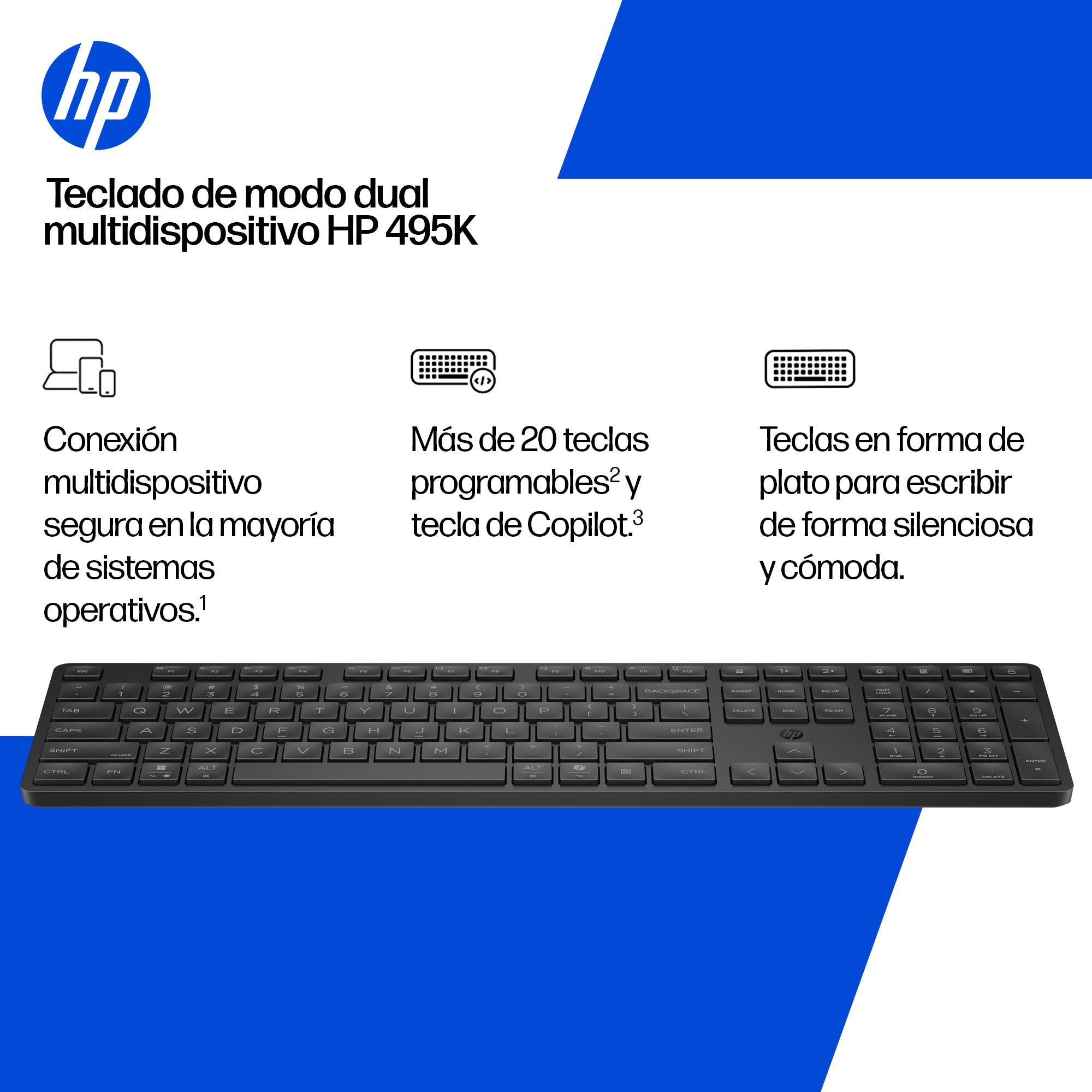Hp 495k - Teclado - Dual-Modus, 3-Zonen-Distribución, Multi-Dispositivo, Flacher Tastenanschlag