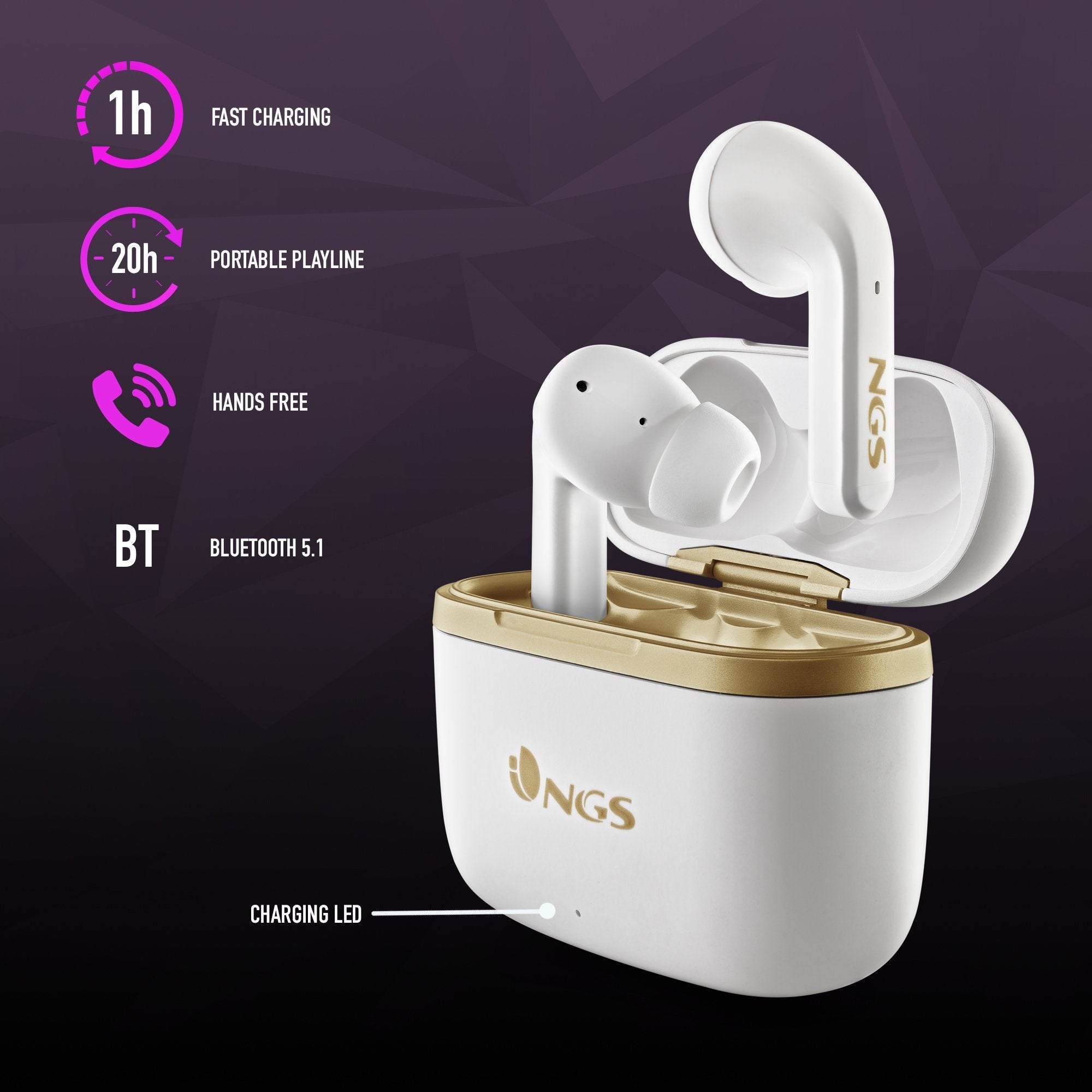 Ngs Anc Bt Earphones Artica Trophy White Auricular Con Cancelación De Ruido -Compatible Con Tws- Autonomía De Hasta 20 Hrs -Botones Táctiles