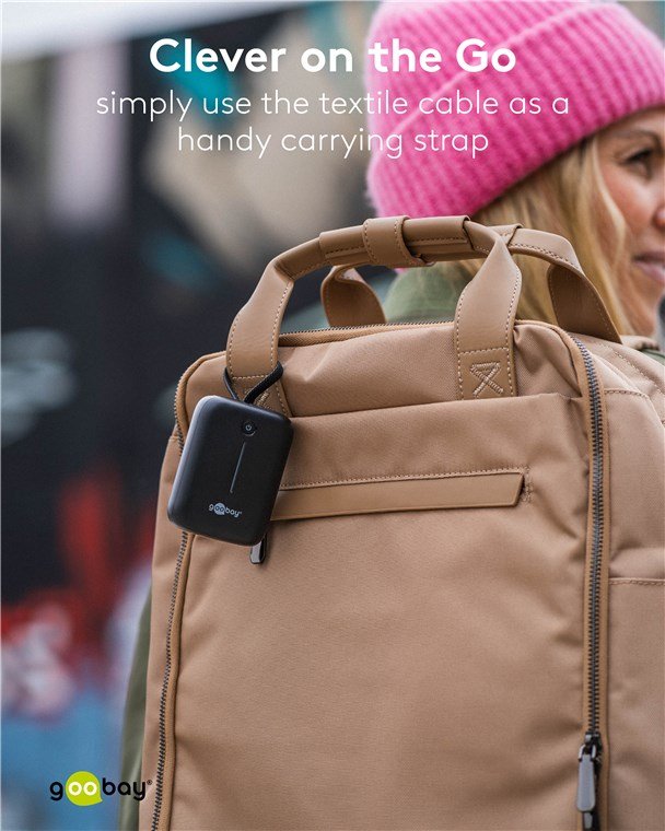 Goobay Powerbank 10.000 Mah, Integriertes Usb-C Cable 13cm, 20 Watt (Negro, 10 Ah, 1x Usb-A, 2x Usb-C, Pd, Qc) 76251