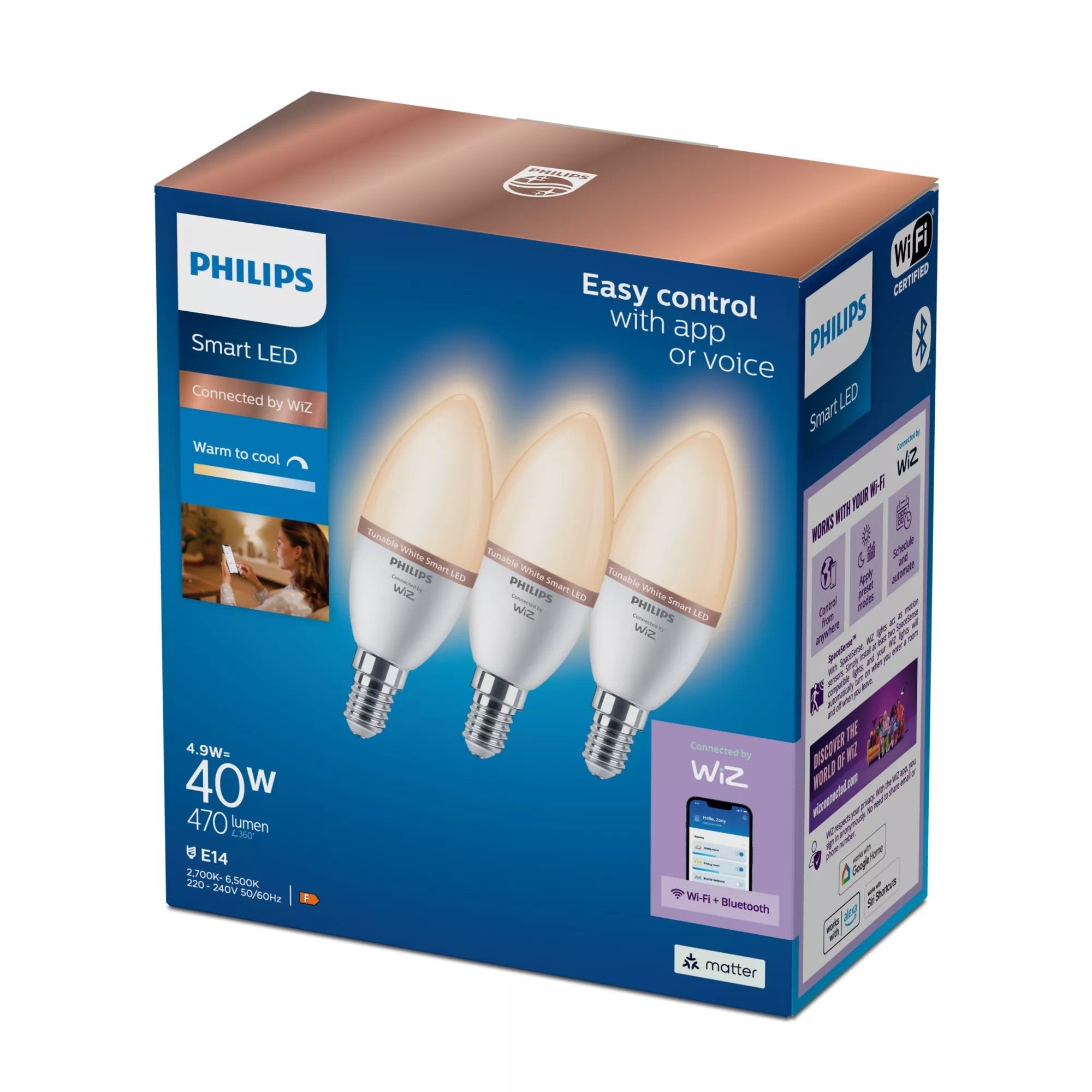 Bombilla Inteligente Wifi Wiz Philips C37 E14 4.9w 470lm Blanco Sintonizable, Pack De 3
