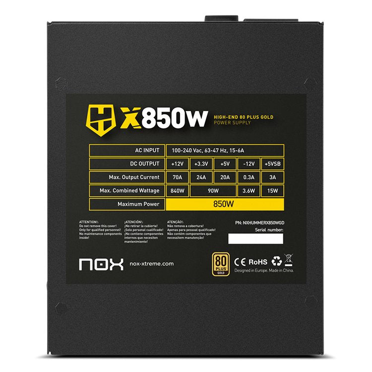 Fuente De Alimentación Nox Atx 850w Hummer X 80+ Gold Modular Vent 120mm