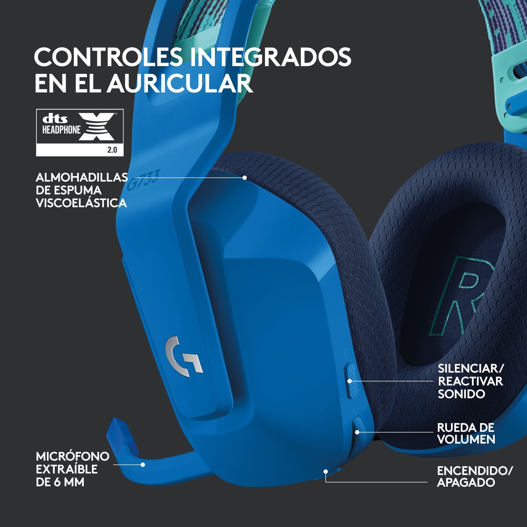 Logitech G733 Auriculares Gaming Inalambricos Dts 7.1 Con Microfono - Tecnologia Lightspeed - Iluminacion Rgb - Autonomia Hasta 29h - Microfono Extraible - Almohadillas Acolchadas - Controles En Auricular - Color Azul