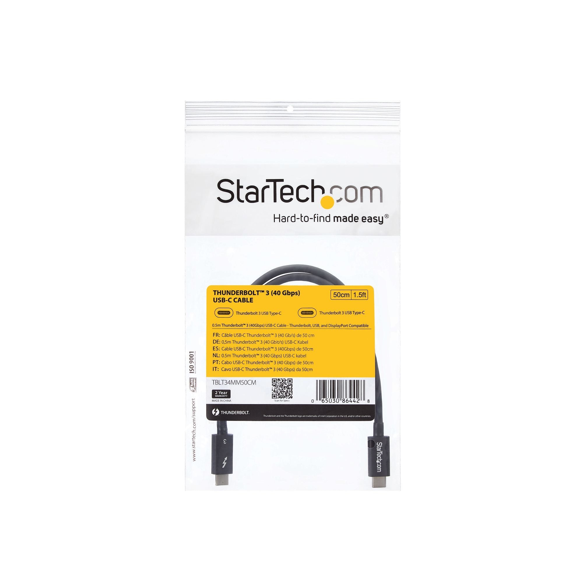 Startech Cable 0.5m Thunderbolt 3 Usb-C 40gbps