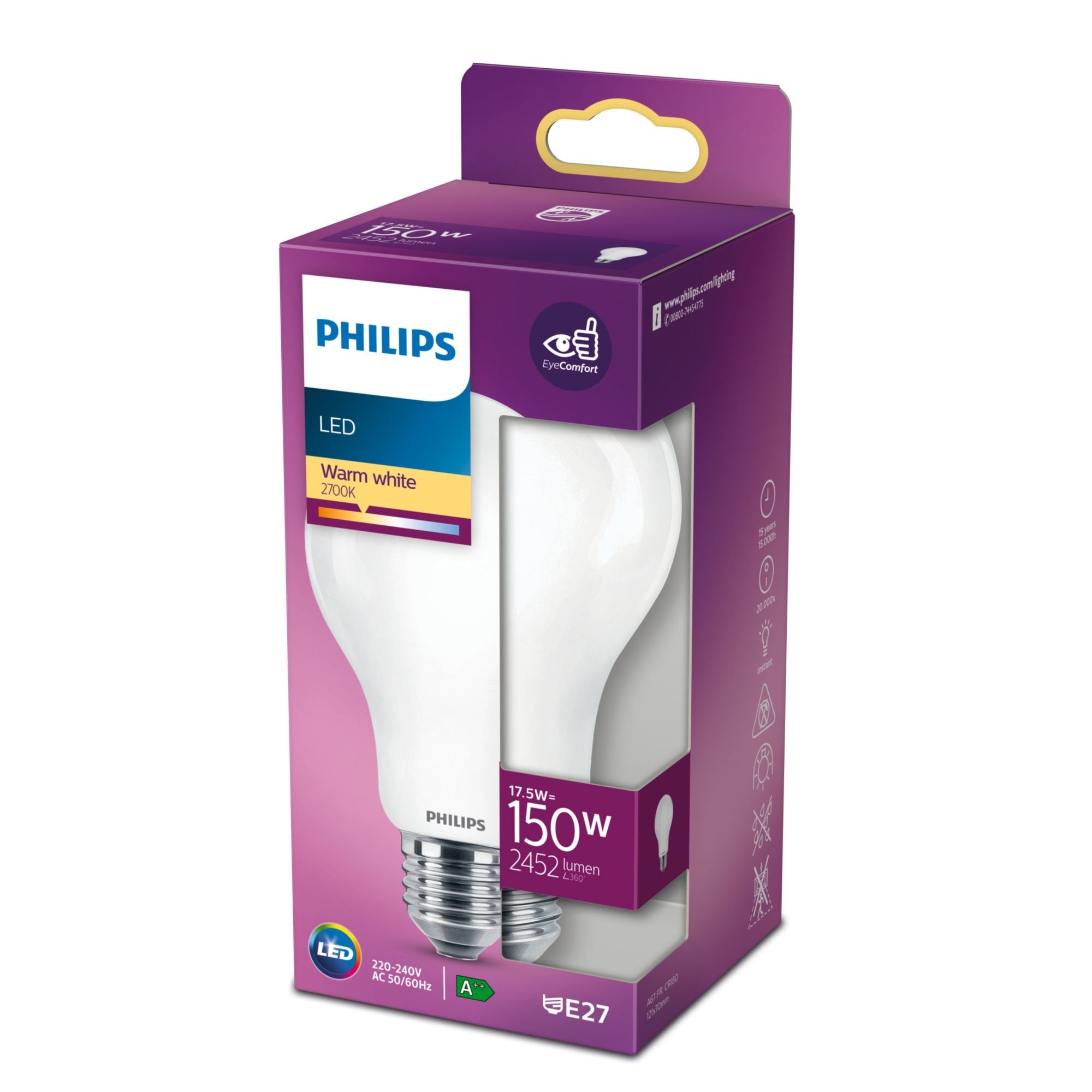 Bombilla Standard Led E27 17,5w 2452lm 2700k Luz Calida Ø7,5x12,1cm. Philips