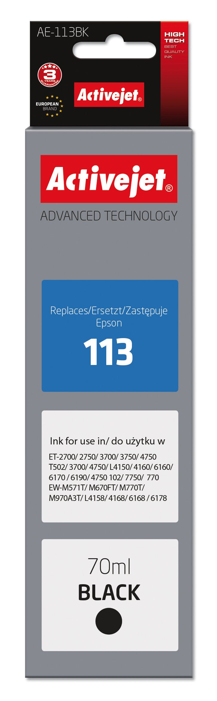Tinta Activejet Ae-113bk (Reemplazo Para Epson 113 C13t06b140 - Supreme - 70ml - Negra)