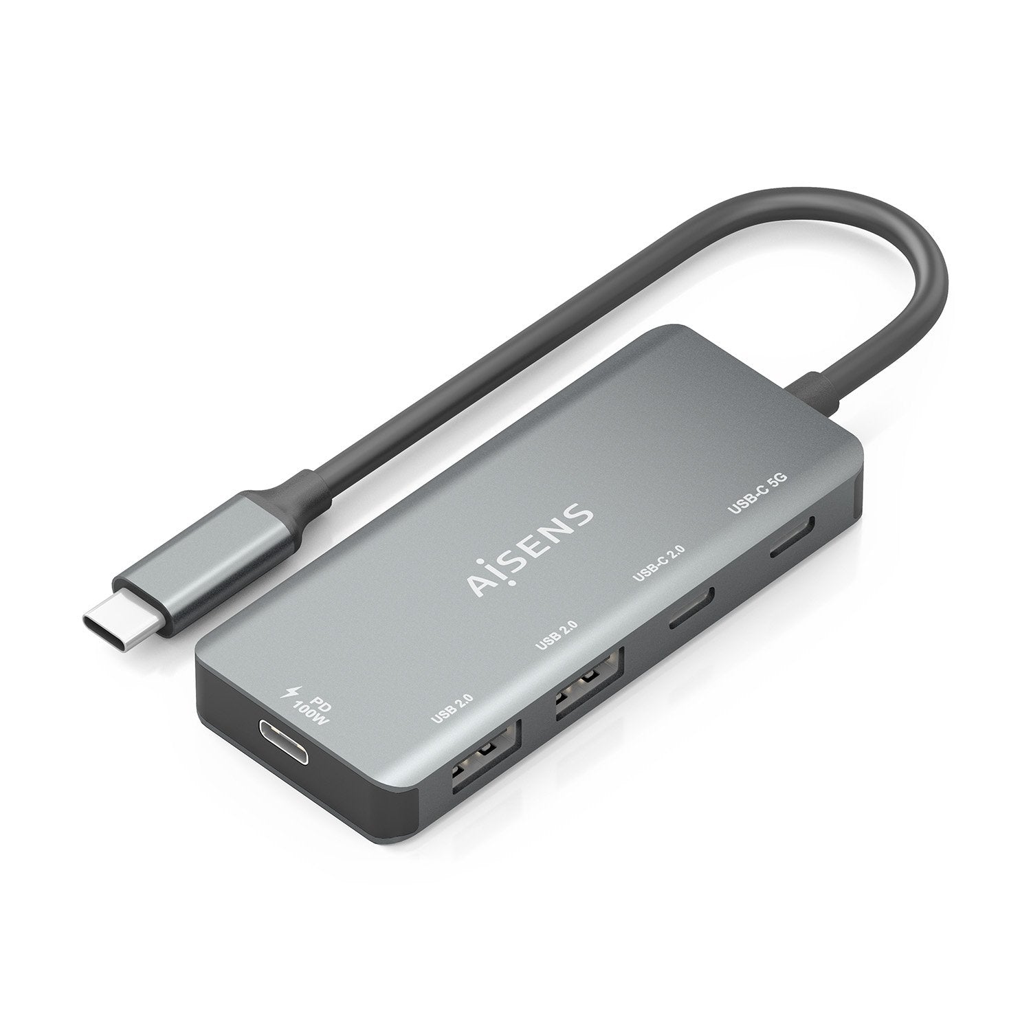 Aisens Hub Usb 3.1 Usb-C, Usb-C/M-1xusb-C Pd 100w+1xusb-C Usb3.0/H+1xusb-C Usb2.0/H+2xusb-A Usb2.0/H, Gris, 15cm