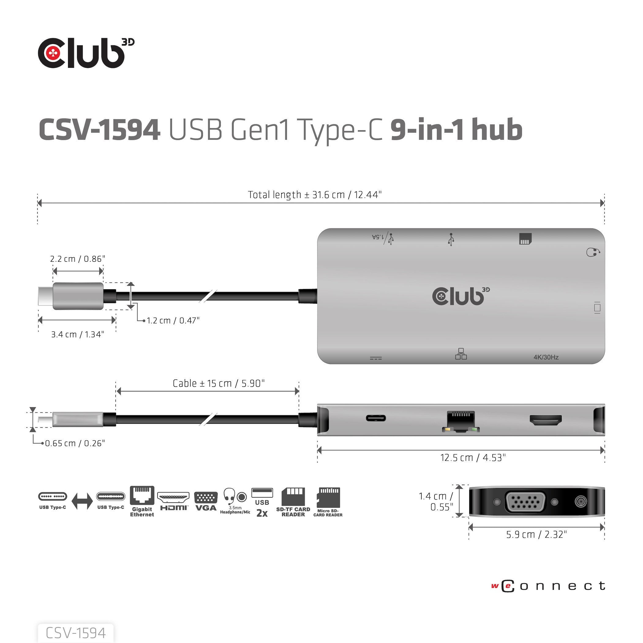 Club3d Usb-9-In1-Hub Usb-C > Hdmi/Vga/2xusb/Usb-C/Rj45/Sd Retail