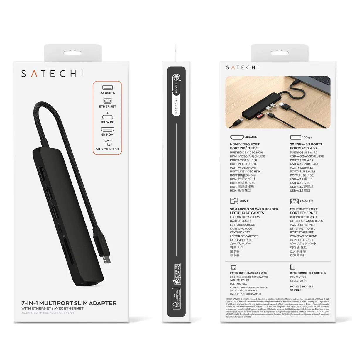 Satechi 7-W-1 Usb-C Slim Multiport Adapter Ethernet (Usb-C Pd, 2x Usb-A, Hdmi 4k, Ethernet, Czytnik Kart Micro/Sd) (Negro)