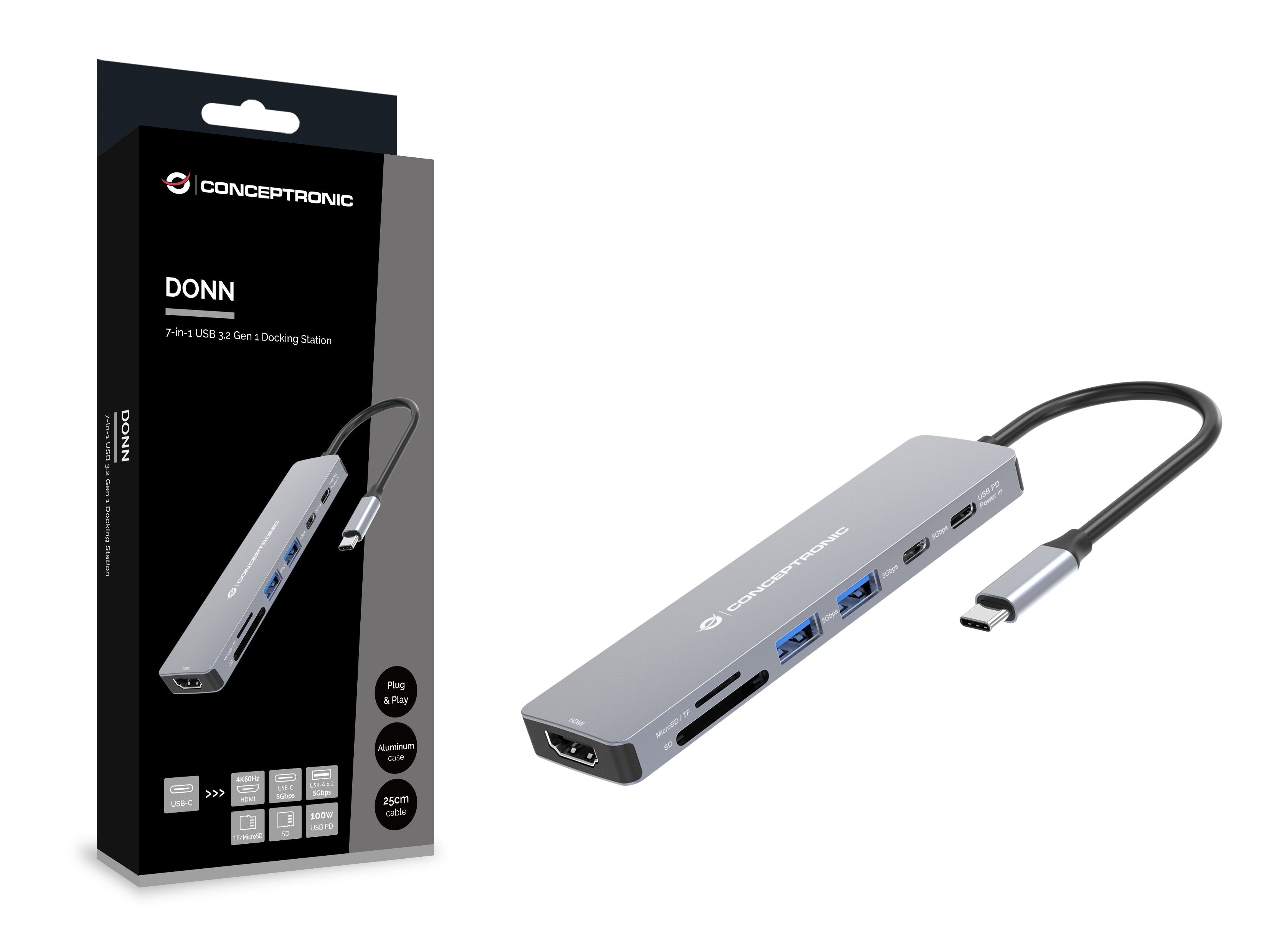 Conceptronic Dock Usb-C->Hdmi,2xusb-C,Sd,Tf,100wpd 25cm Gr