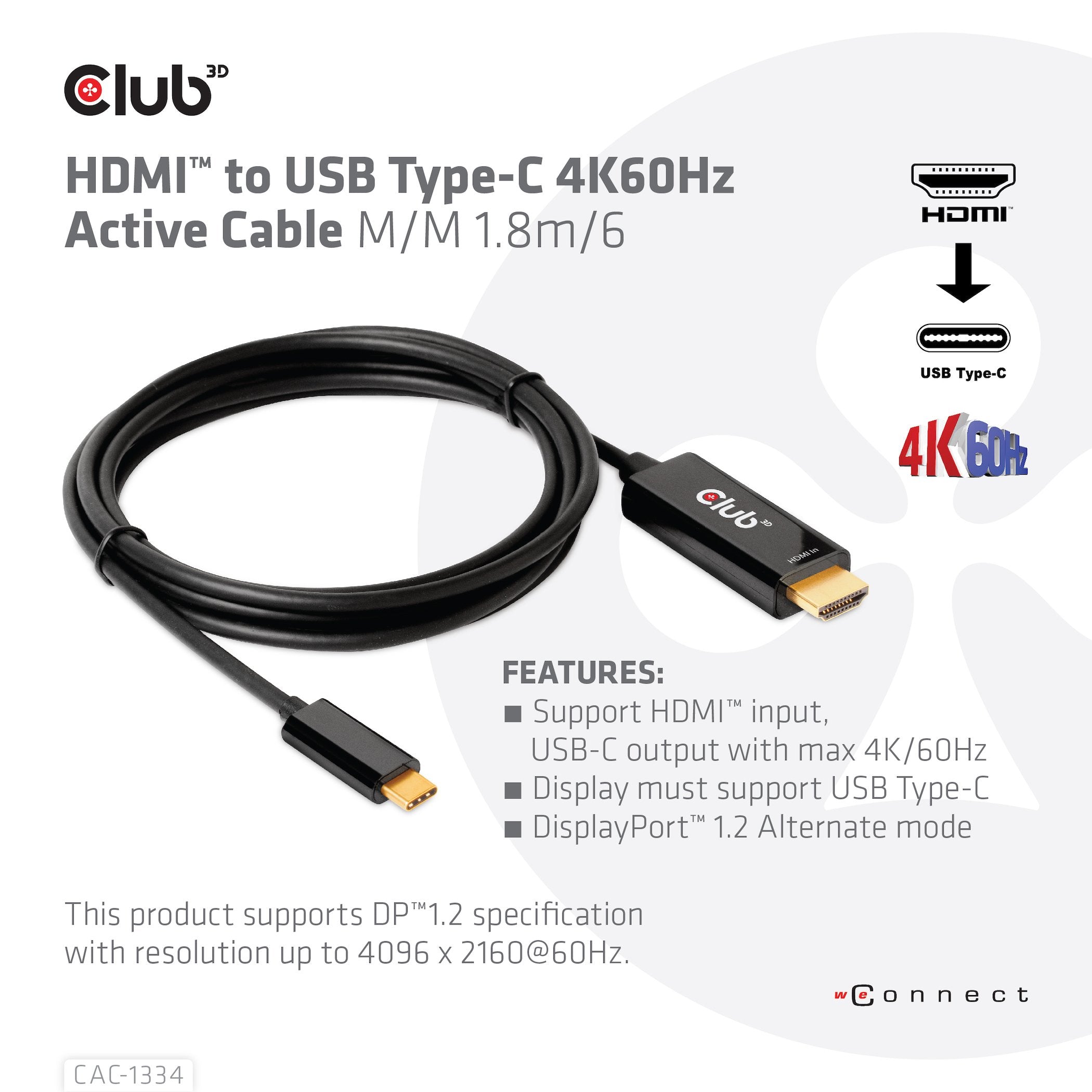 EAN 8719214472054 - CLUB3D CAC-1334 adaptador de cable de vídeo 1,8 m HDMI tipo A (Estándar) USB Tipo C Negro imagen 3