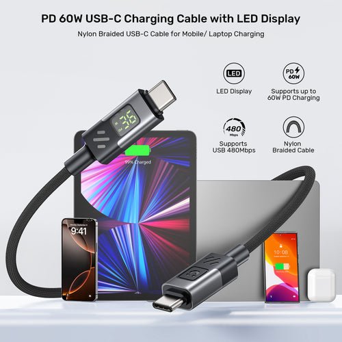Unitek C14158abk01-1m Usb-C Cable Charging With Led Display 1m Black