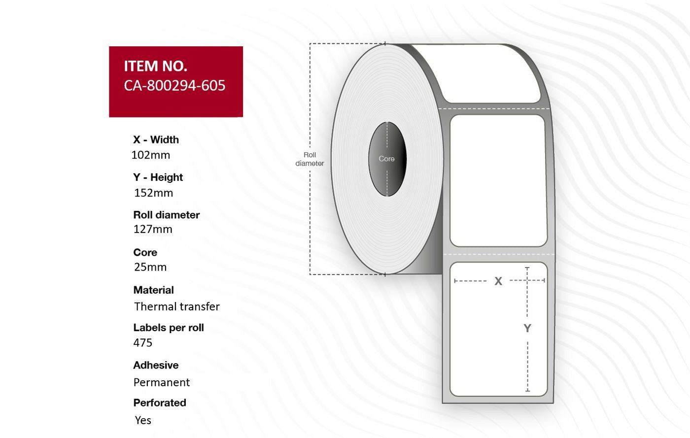 Label 102 X 152mm, Core 25mm, - Thermal Transfer, Uncoated, - Permanent, Perforated, 475 Labels Per Roll, 12 Rolls Per Box - Warranty: 12m