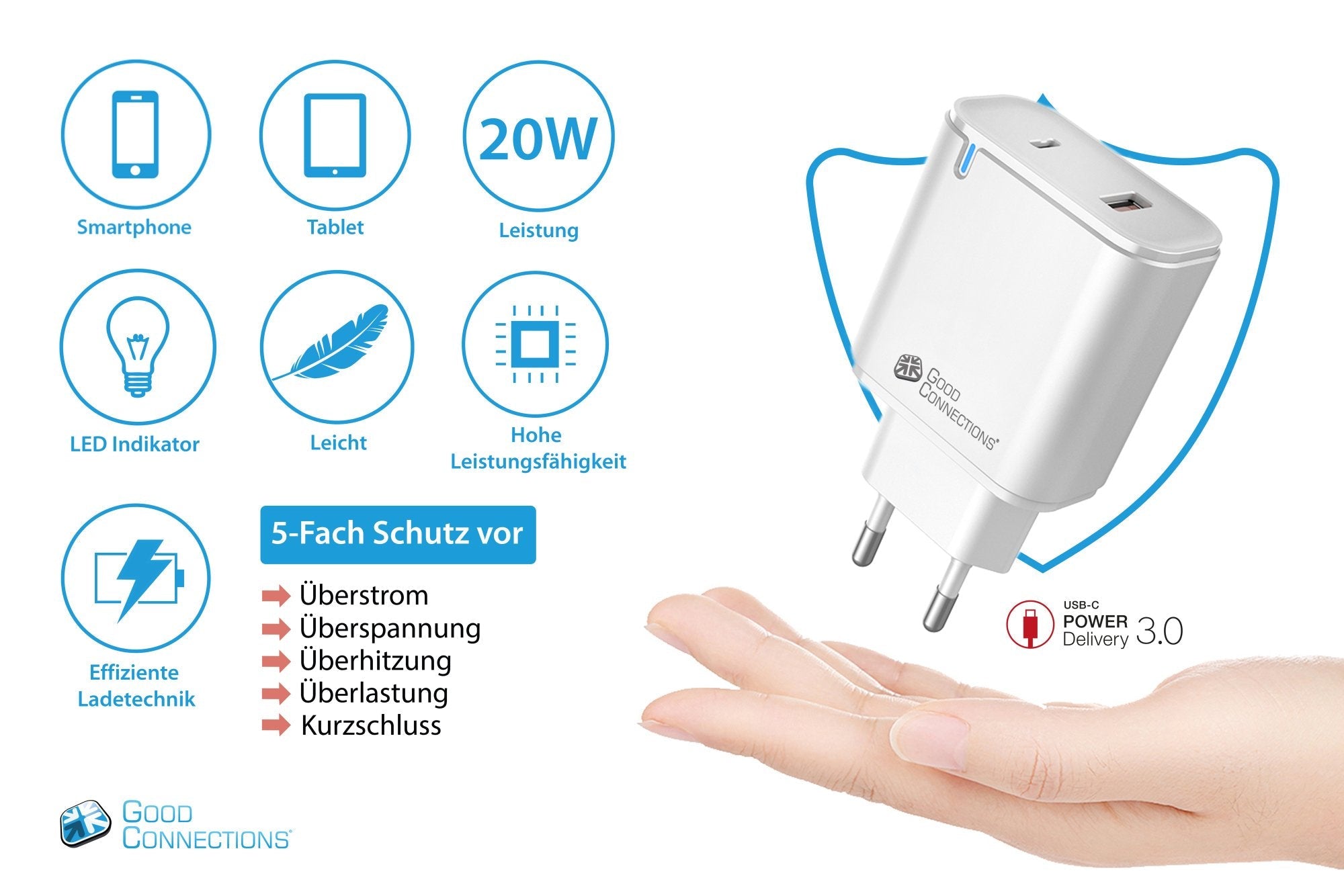 Usb-Schnell Cargador 20w 2-Port Usb-A Usb C Pd3,0 Goodconnections Blanco